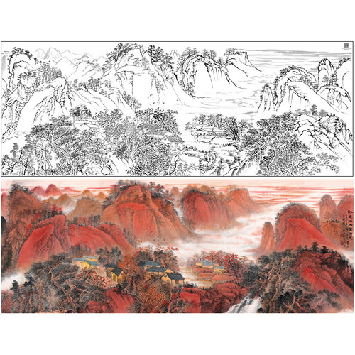 【大彩图】横幅工笔画白描底稿《红色江山万年长》山水线稿FS10
