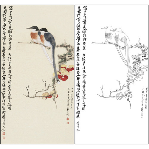 谢稚柳花鸟工笔画白描底稿《红叶山禽》临摹勾线高清打印稿XZ55