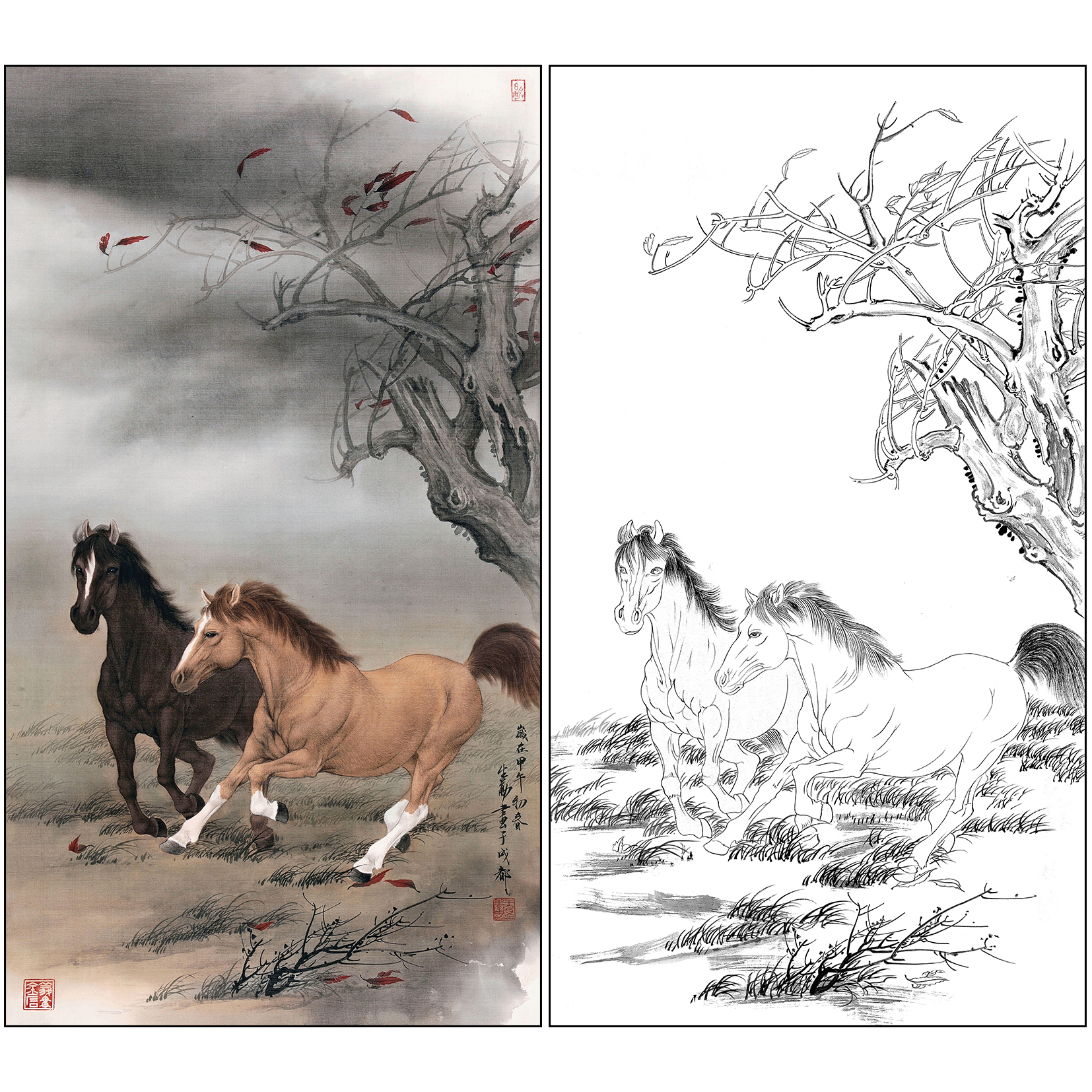 王申勇花鸟工笔画白描底稿《奔马图》双马图临摹高清打印稿A679