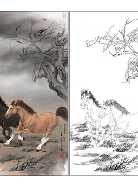 王申勇花鸟工笔画白描底稿《奔马图》双马图临摹高清打印稿A679