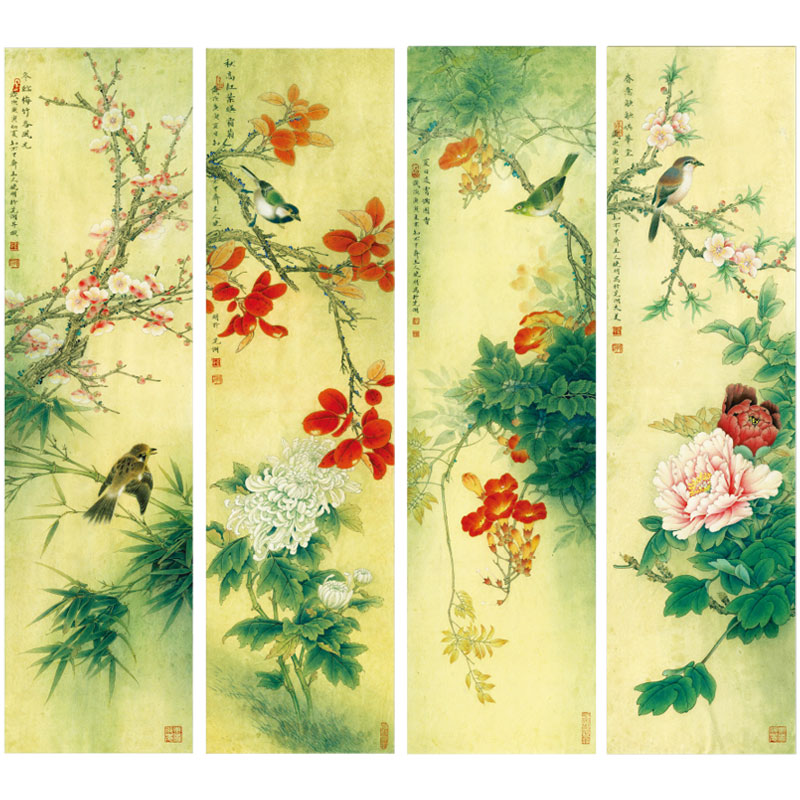 【四条屏】李晓明工笔花鸟画白描底稿《花开四时》高清打印稿KA31