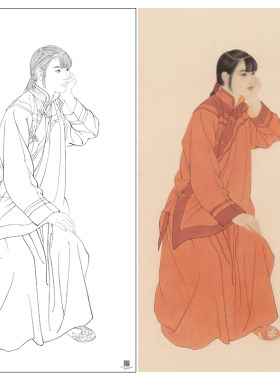 【大彩图】何家英工笔画白描底稿《独坐黄昏后》高清打印稿ZV19