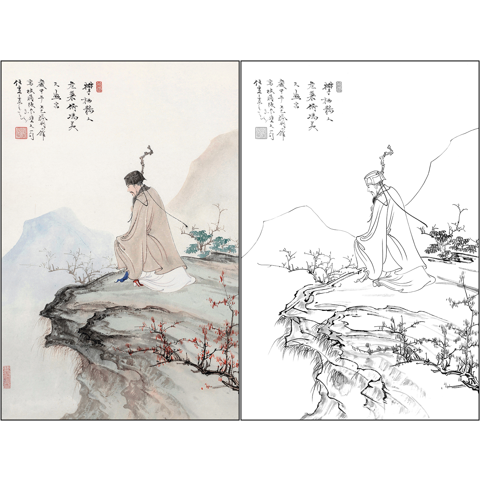 任重山水人物工笔画白描底稿《东坡行吟图》临摹高清打印稿RD73