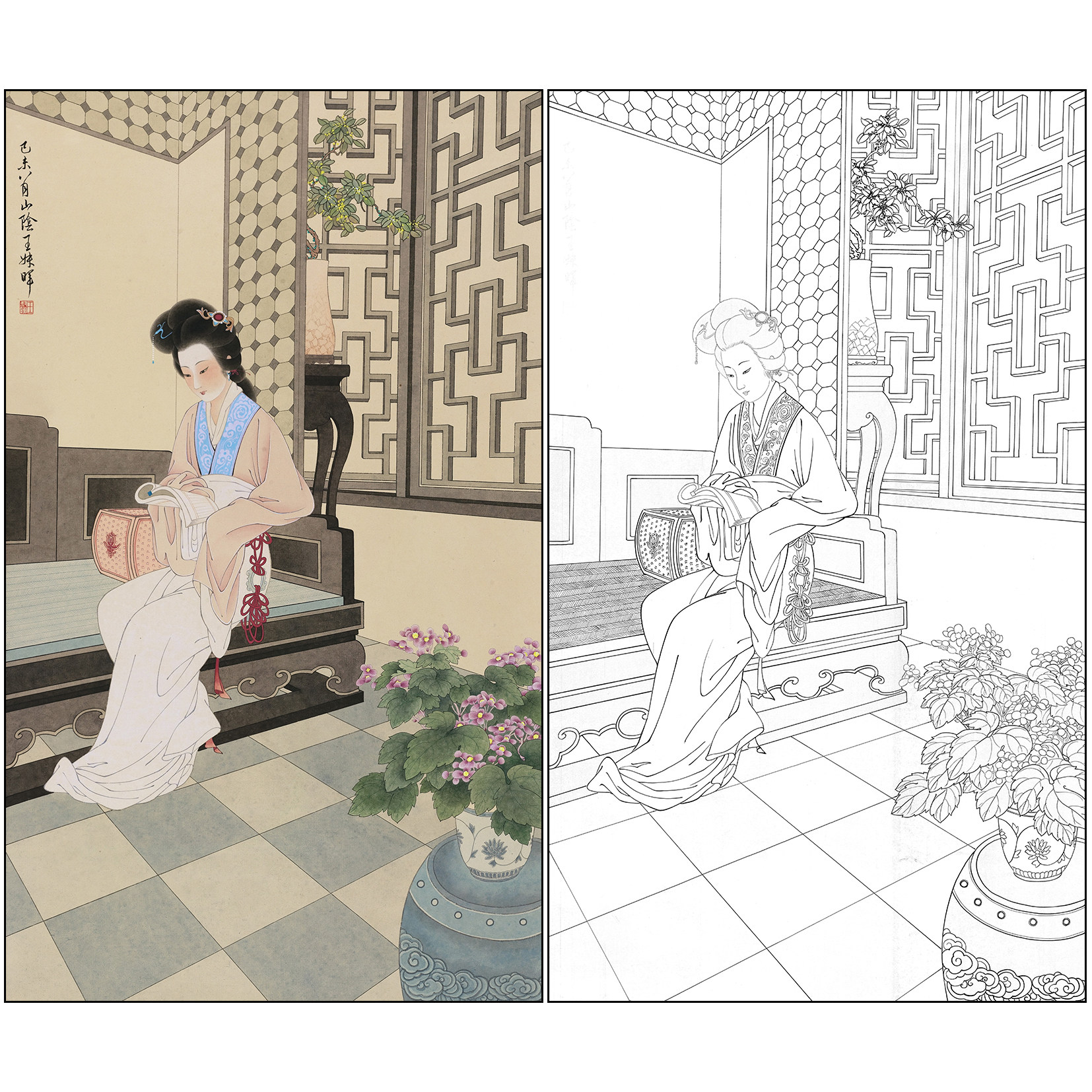 工笔画白描底稿王叔晖人物仕女图《窗下读书仕女图》打印稿SH67