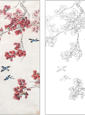 于非闇花鸟工笔画白描底稿《工笔花鸟》临摹勾线高清打印稿HS21