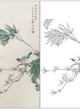 冯壁池花鸟工笔画白描底稿《花鸟草虫》竹子临摹高清打印画稿CL07