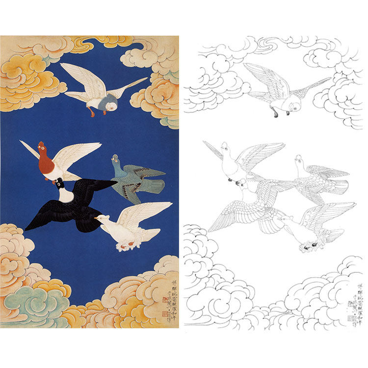 工笔画白描底稿瑞霭和平花鸟鸽子于非闇实物打印稿尺寸可选yf84
