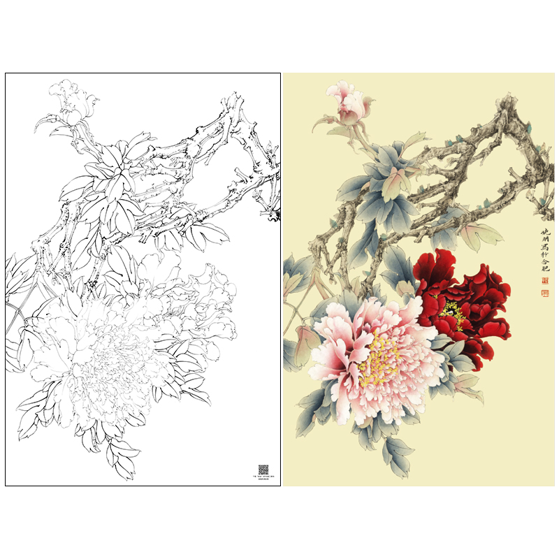 【大彩图】李晓明工笔画白描底稿《倚红偎翠》牡丹花鸟线稿K036