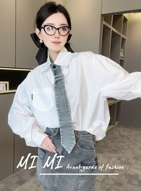 RR fshion 2024春季新款欧洲站衬衫女翻领拼接牛仔领带长袖上衣