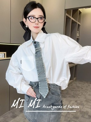 拼接牛仔领带长袖上衣