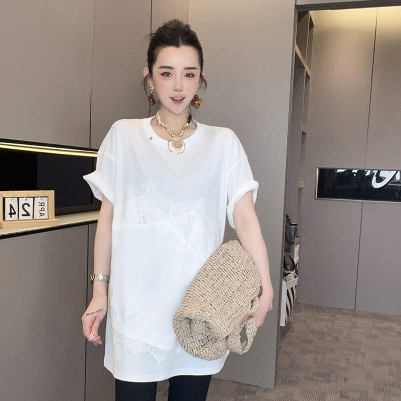 短袖T恤女2026夏季新款纯色蕾丝钩花拼接打底衫中长款圆领上衣