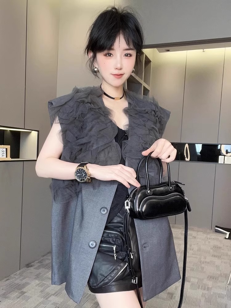 【现货】马甲女2024秋季网纱拼接中长款单排扣外套纯色无袖上衣
