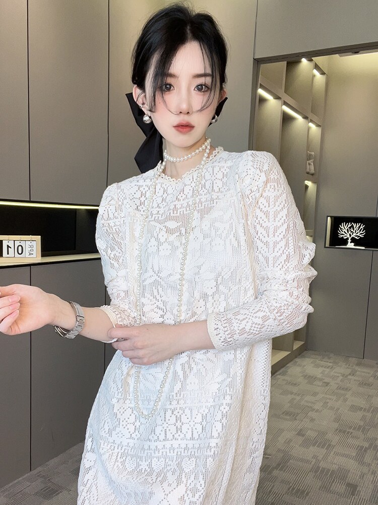 RR fashion 长袖连衣裙女2024夏季新款法式蕾丝钩花镂空直筒长裙