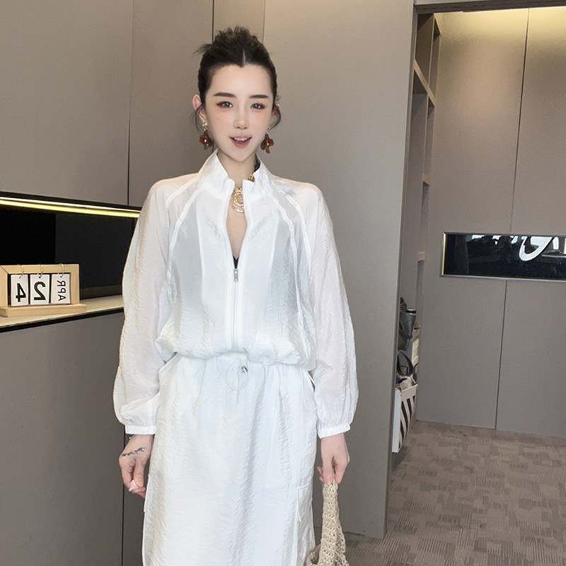拉链长袖外套高腰半身裙长裙纯色防晒套装两件套女2026夏季新款
