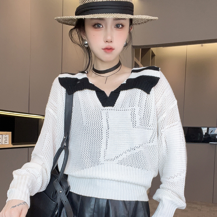 羊毛衫女2025秋季新款欧洲站设计感撞色拼接翻领针织衫长袖上衣