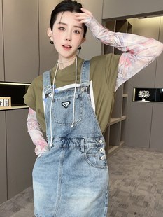 新款 牛仔背带裙女2024夏季 fashion 大口袋短裙百搭高腰半身裙