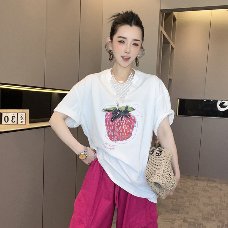 短袖T恤女2026夏季新款设计感拼接草莓印花打底衫圆领半袖上衣
