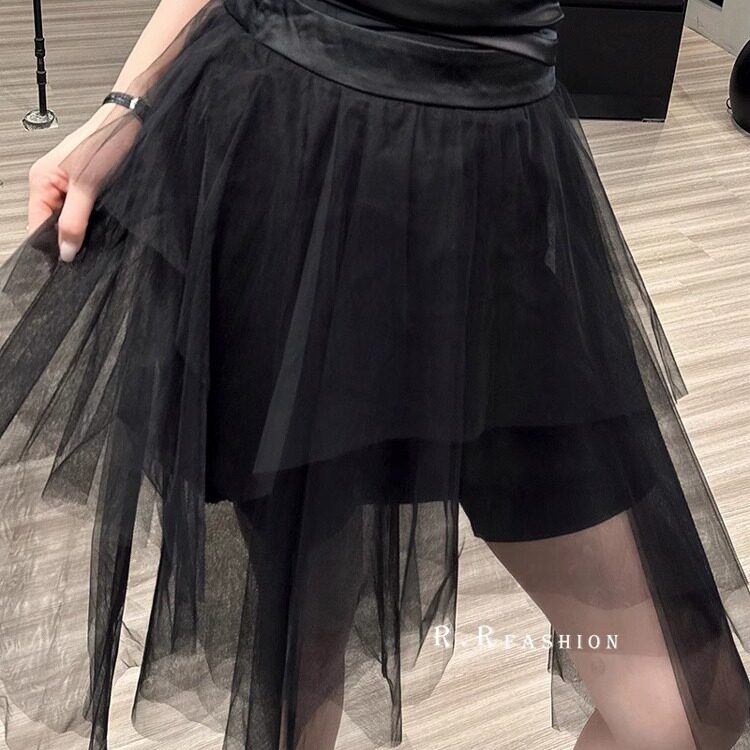 【现货】网纱半身裙女2025春季新款纯色高腰长裙不规则下摆裙子