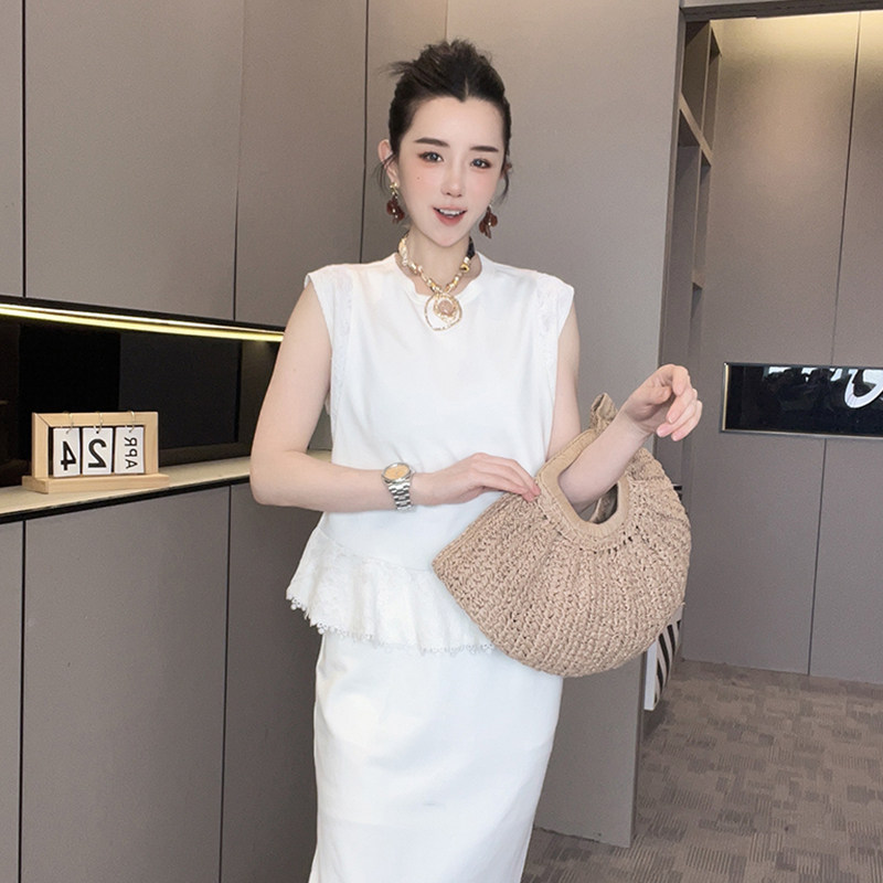 无袖圆领上衣高腰半身裙纯色蕾丝拼接套装两件套女2026夏季新款