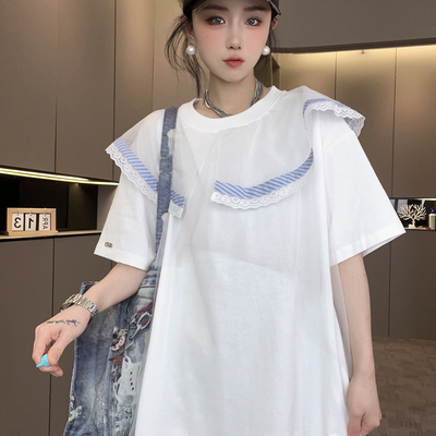 短袖连衣裙女2025夏季新款设计感网纱荷叶边圆领T恤裙半袖短裙