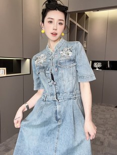 牛仔连衣裙女2024夏季 短袖 国风重工刺绣高腰裙子 fashion 新款