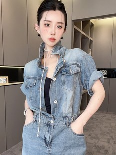 牛仔连衣裙女2024夏季 短袖 复古短裙单排扣裙子 fashion 新款