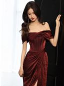 敬酒服新娘2025新款 酒红色高级感结婚订婚宴会一字肩礼服裙女鱼尾