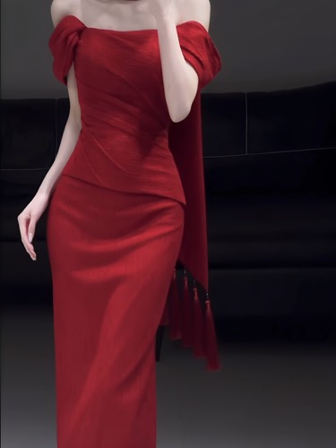 法式抹胸红色鱼尾新娘敬酒礼服