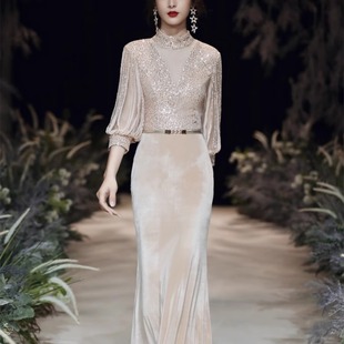 亮片礼服高端轻奢小众女2025新款宴会晚礼服金丝绒修身显瘦主持人