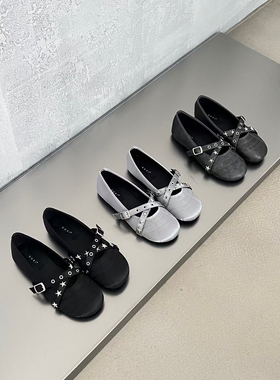 MINSTUDIO/2025夏季新款都熙法式复古玛丽珍鞋女铆钉交叉带单鞋