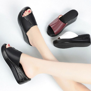 外贸真皮女凉鞋35 36坡跟松糕鞋软底防滑妈妈鞋37 38鱼嘴鞋沙滩鞋