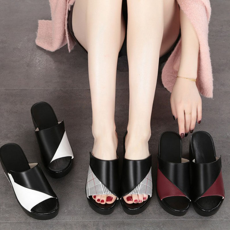 夏季新款女鞋特大码41 43高跟凉鞋真皮坡跟拖鞋40 42鱼嘴鞋女凉拖,女鞋,一字拖,淘宝优惠券,粉丝福利购,淘宝优惠卷
