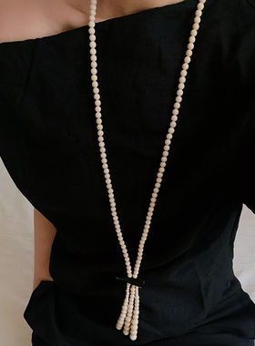 TU家欧美时髦大气极简风百搭白化石流苏串珠牛角扣长项链毛衣链女