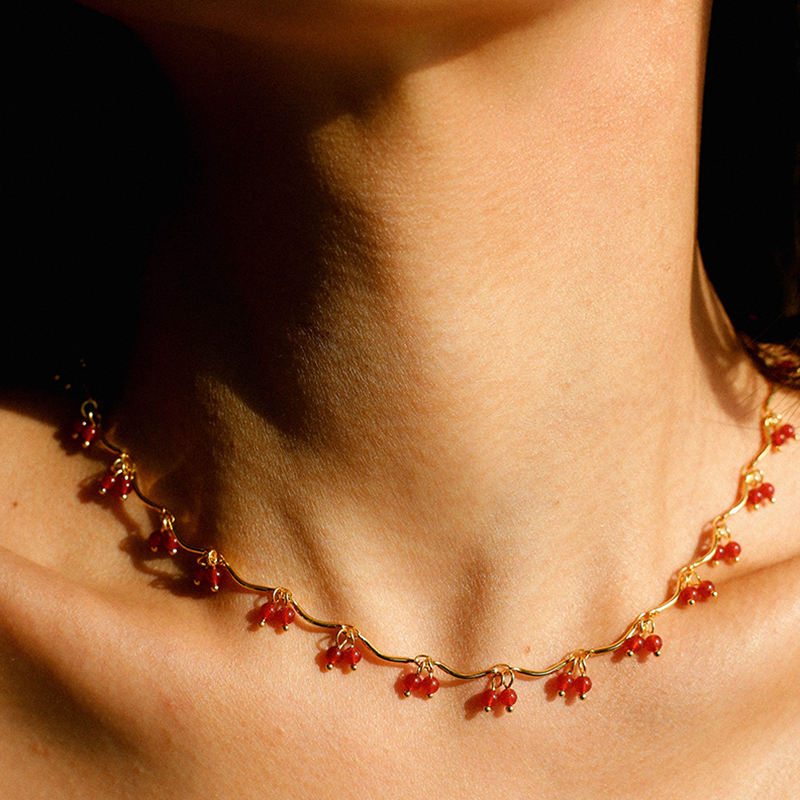 小众设计迷你红玛瑙樱桃项链颈链
