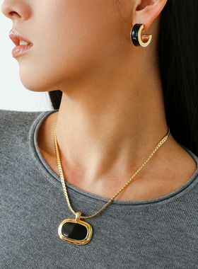 小众设计黑金珐琅黑玛瑙项链耳环