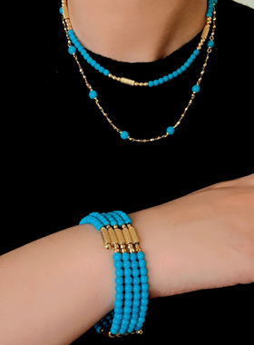 法式复古高级蓝松色磁吸项链手链