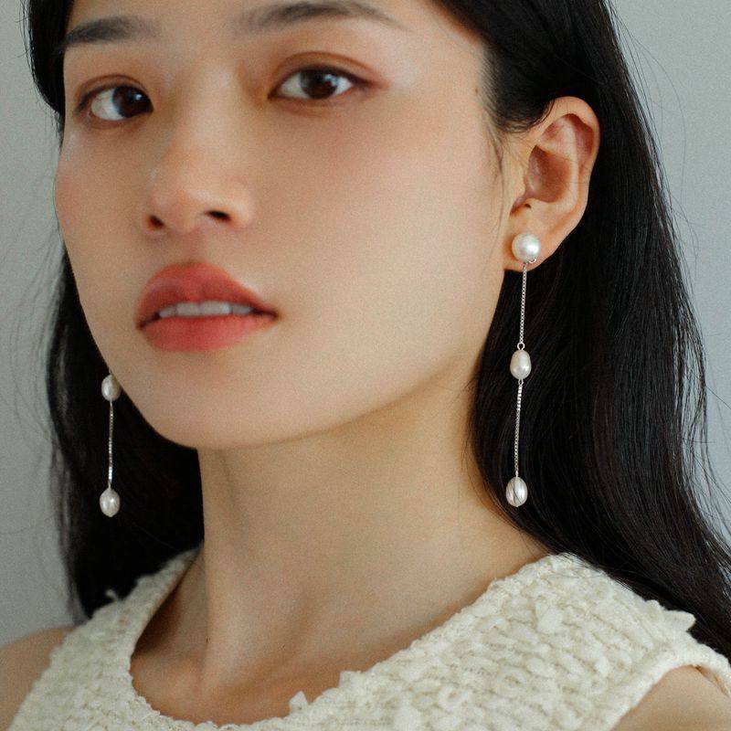 TU JEWELRY 简约天然巴洛克珍珠长流苏耳环耳线925银气质百搭耳坠