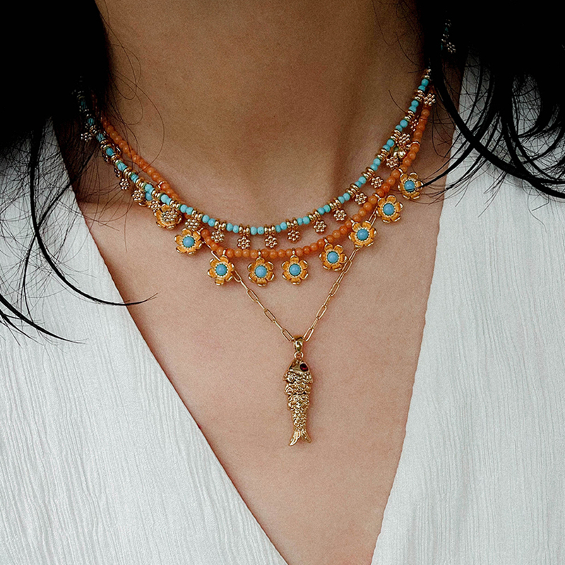 法式复古小花蓝松色串珠项链颈链