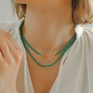 清新天然绿玛瑙“碎金子”项链锁骨链小众设计高级感轻奢串珠颈链