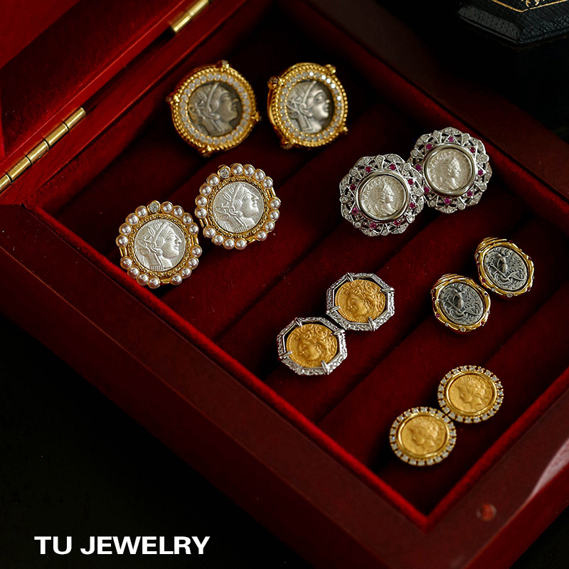 TU家法式vintage中古风925银浮雕人像古银币钱币耳钉复古金币耳环