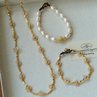 TU家法式复古浪漫太阳石花朵金珠项链手链小众设计天然珍珠手串女