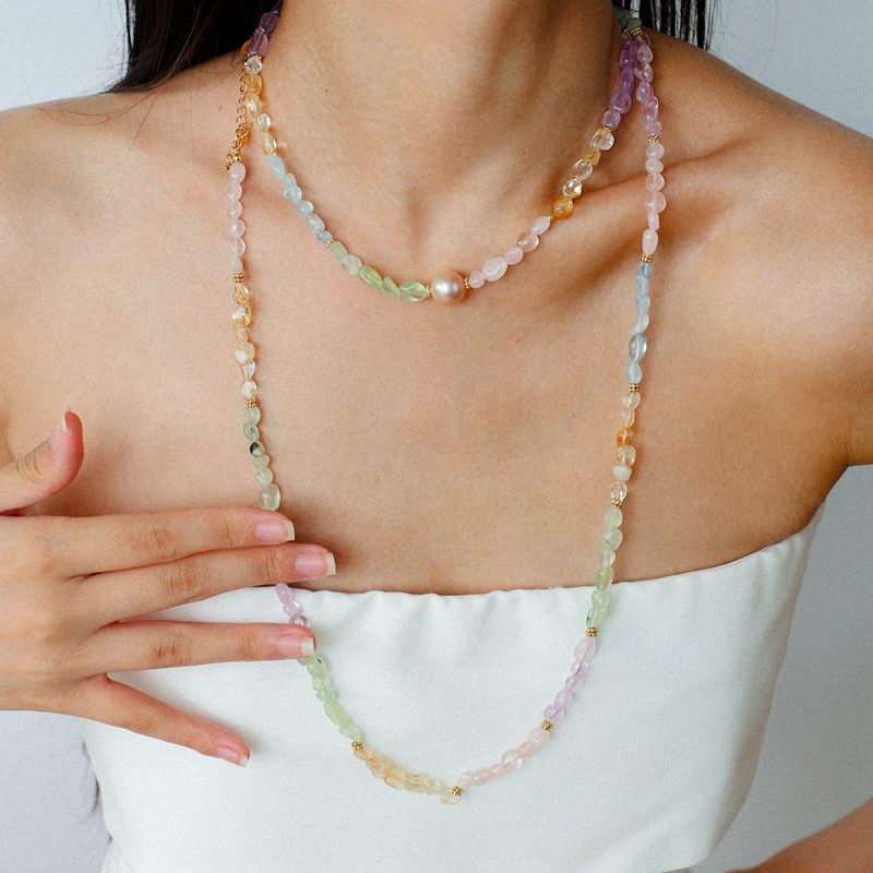 彩天然石水晶串珠巴洛克珍珠项链