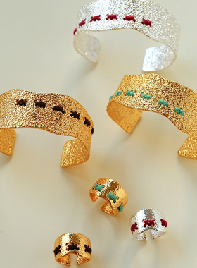 法式金属肌理穿线开口手镯戒指女