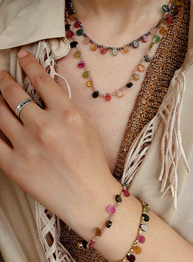 法式复古天然石彩色碧玺项链手链