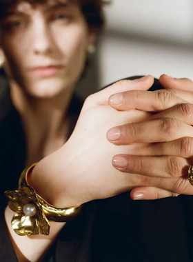 法式复古金色花朵珍珠开口戒指