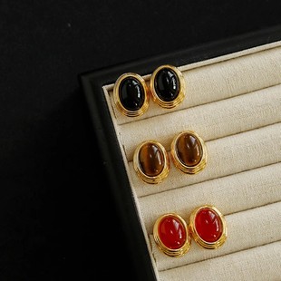 TU JEWELRY复古椭圆天然玛瑙虎眼石耳钉2025年春夏新款高级感耳环