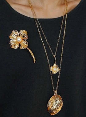 法式复古金色叶子珍珠花朵长项链