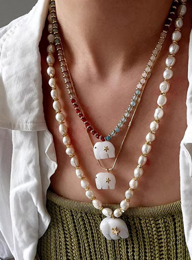 法式小众天然石大象淡水珍珠项链