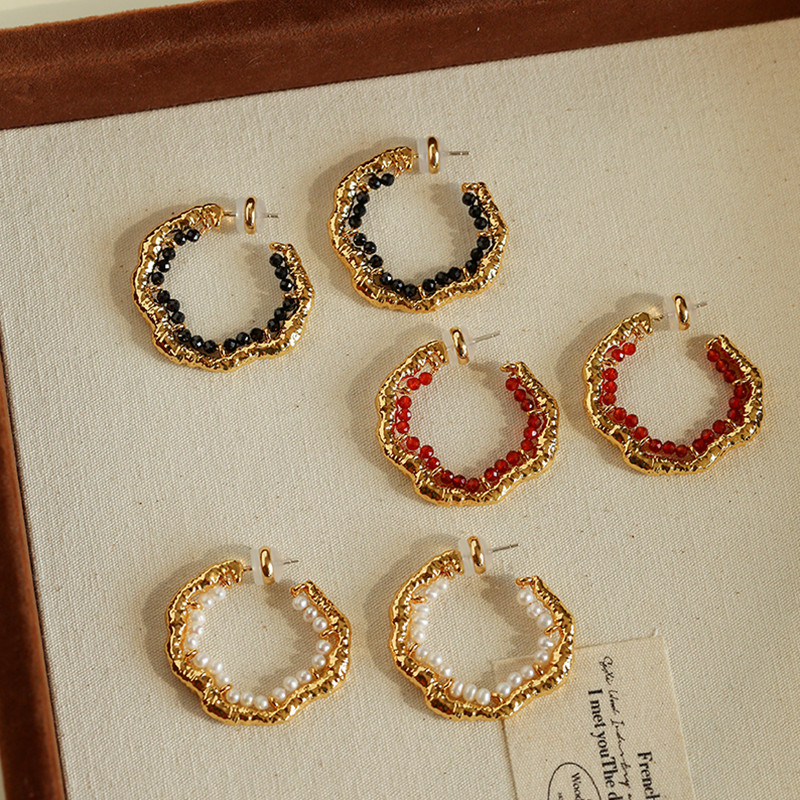 法式复古C字珍珠玛瑙耳圈耳环