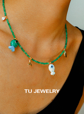 度假风绿玛瑙琉璃陶瓷小鱼项链